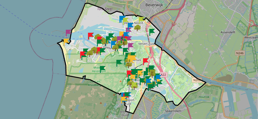 Overzichtskaart van initiatieven en bomen gemeente Velsen